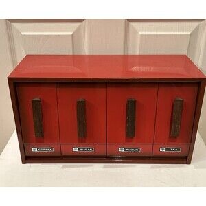 Vintage Mid-Century Red Aluminum Kitchen Storage Canister Set